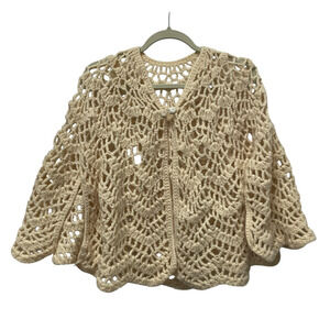 VTG. Crochet Sweater Cape Cardigan Womens M Open Knit Boho Festival Fairy 70s